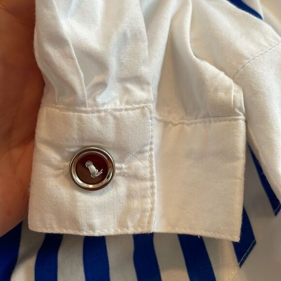 Vtg 80s Howard Wolf white cotton oversized shirt with blue & white stripes - Picture 9 of 9